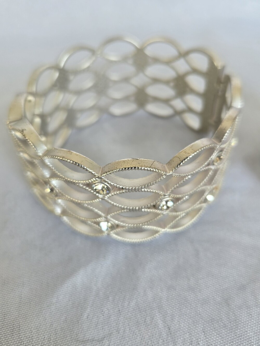 Set of 2 Silver Tone Statement Cuff Bracelets –Rhinestone Openwork & Modern Wide - Picture 12 of 13